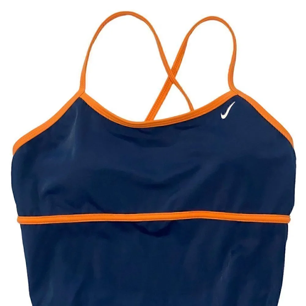 Nike Women Swimsuit Navy Orange Thin Straps Removable Pads Back Hook Stretch 12